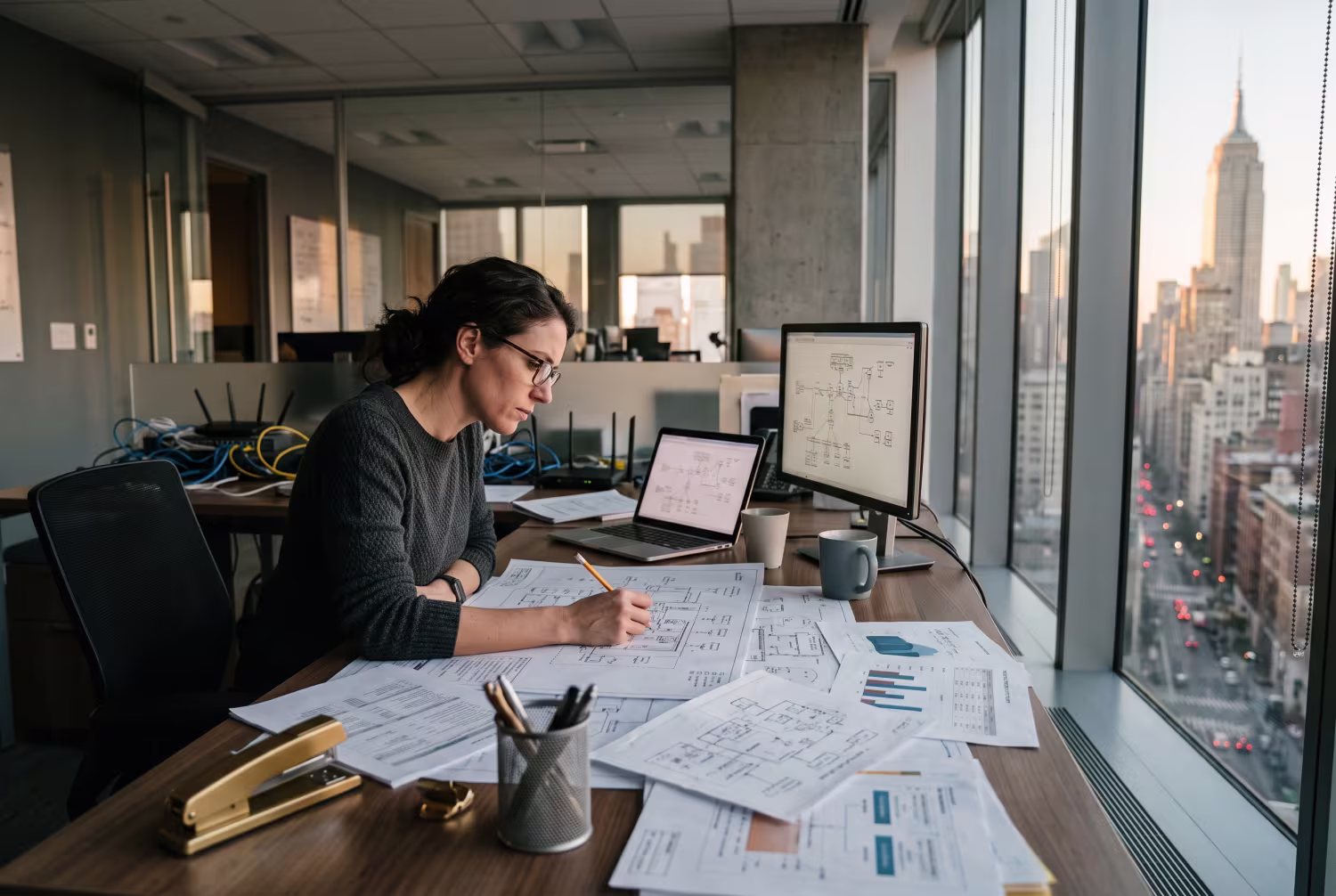Network architect analyzing blueprints at wooden desk in modern Manhattan office