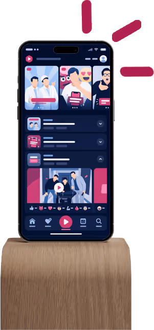 Smartphone zeigt eine Video-Sharing-App mit mehreren Videovorschauen und Interaktionssymbolen.
