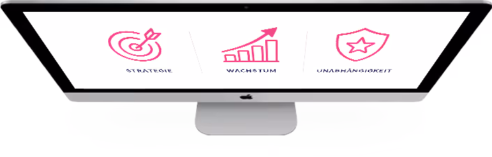 Bildschirm zeigt Symbole für Strategie, Wachstum und Unabhängigkeit mit pinken Linien.