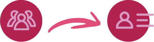Symbol für mehrere Personen links und eine Einzelperson mit Linien rechts, verbunden durch zwei pinke Pfeile.