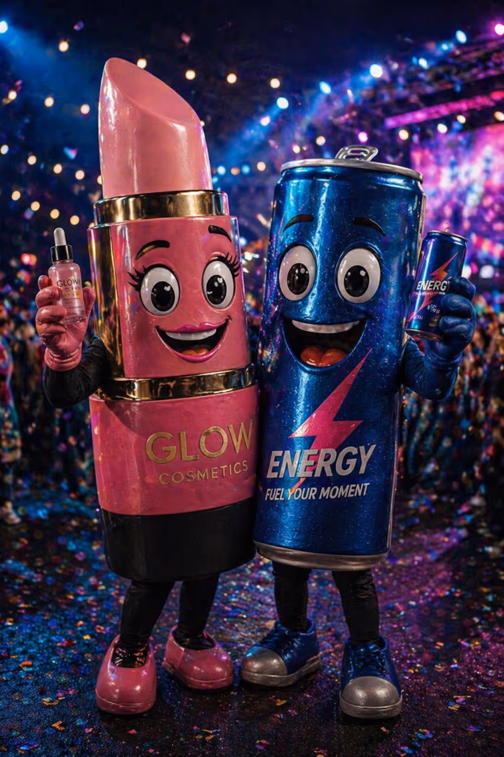 Lippenstift- und Energydosenmaskottchen mit lachenden Gesichtern und kleinen Produkten in Händen.
