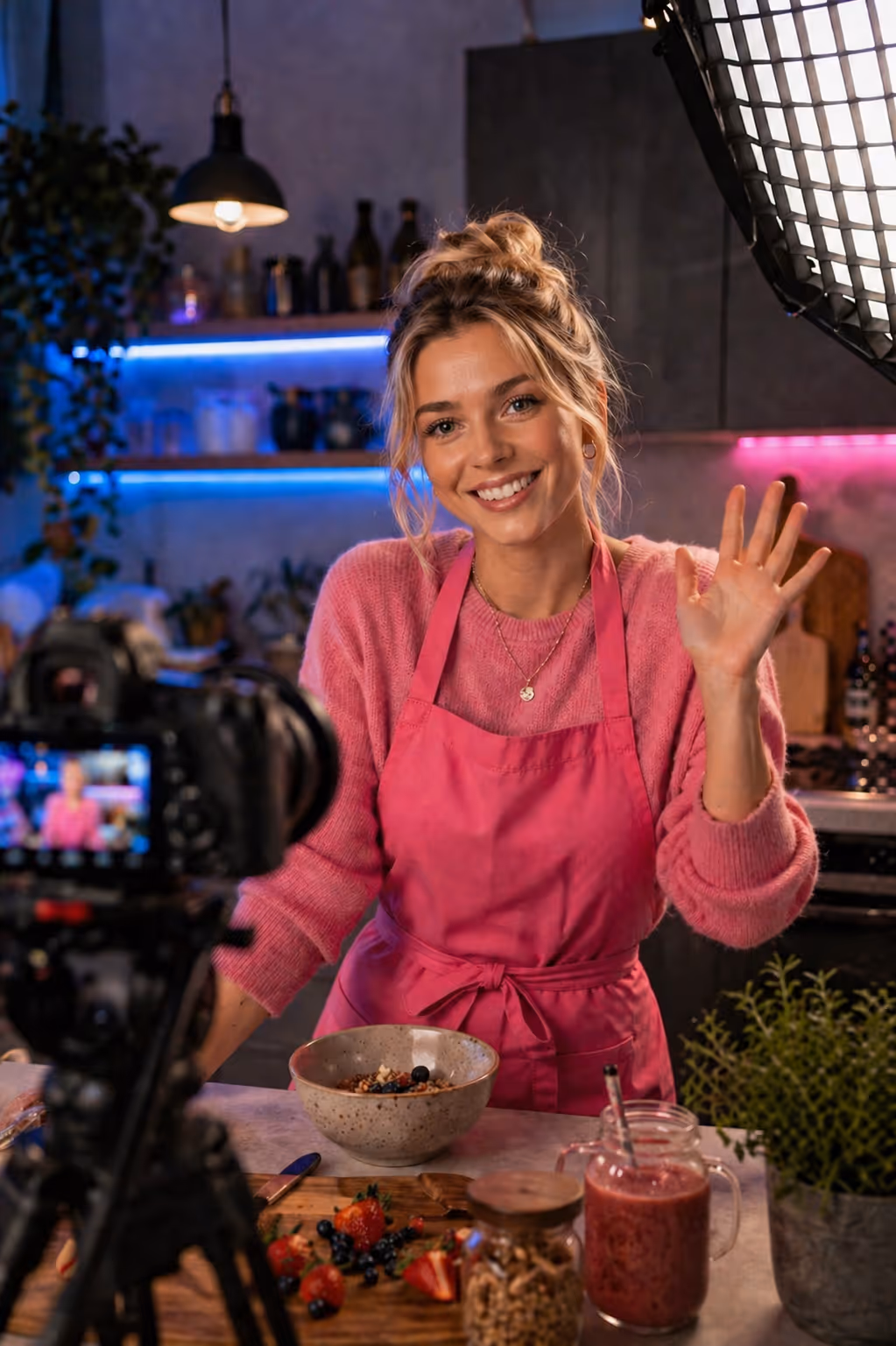 Frau im rosa Pullover und Schürze winkt vor einer Kamera beim Kochen im Küchenstudio.