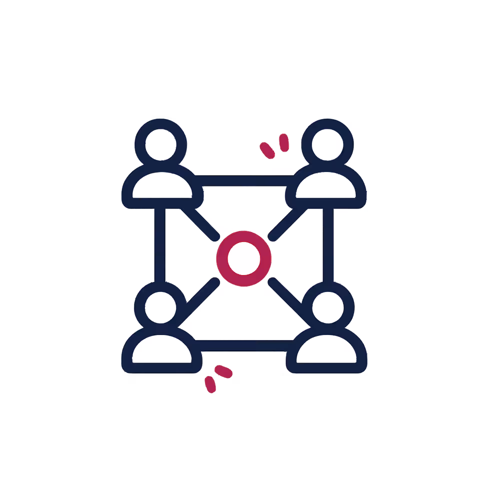 Symbol mit vier verbundenen Personen, die Netzwerk und Gemeinschaft darstellen.