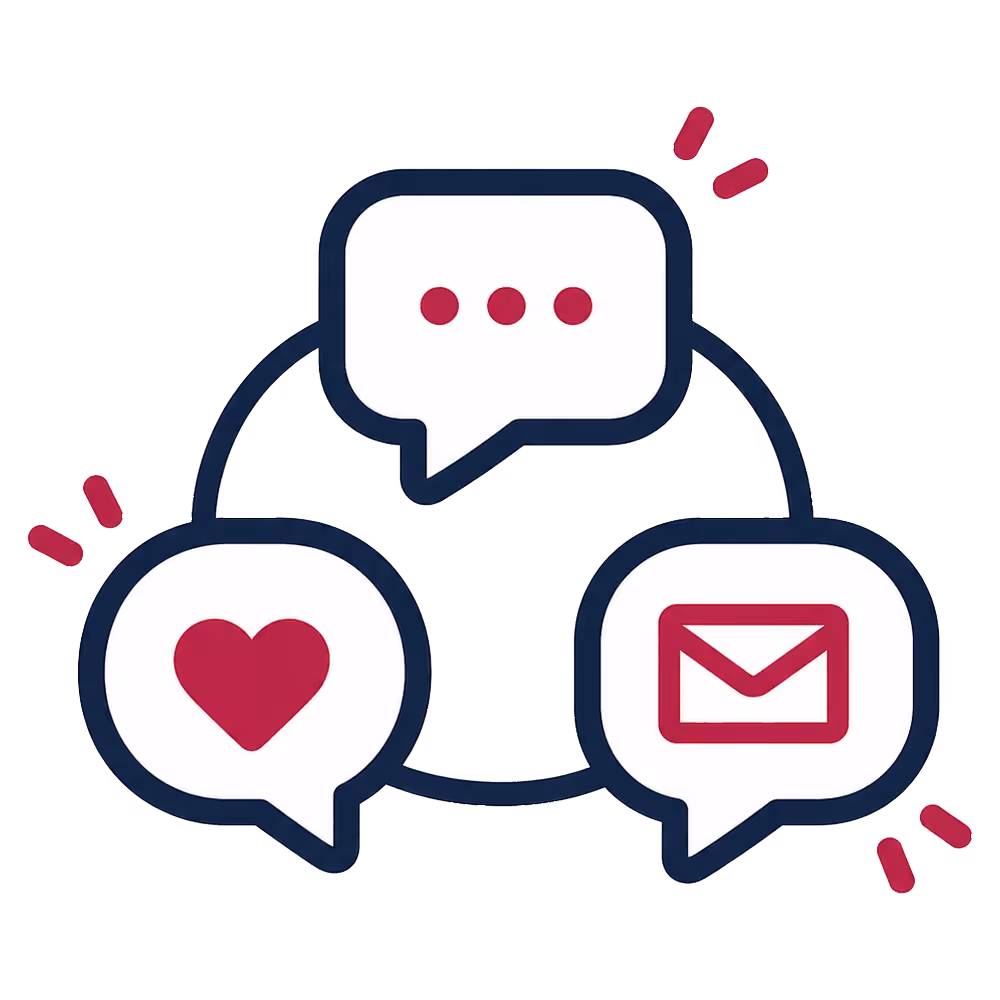 Drei Sprechblasen mit Symbolen für Chat, Herz und E-Mail, verbunden durch Linien.