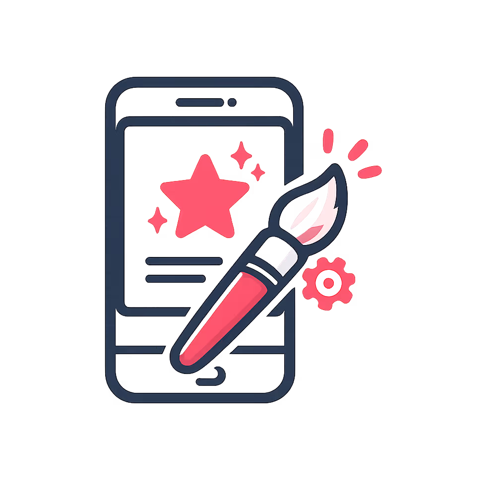 Smartphone mit großem Pinsel und Stern, Symbol für kreatives App-Design.