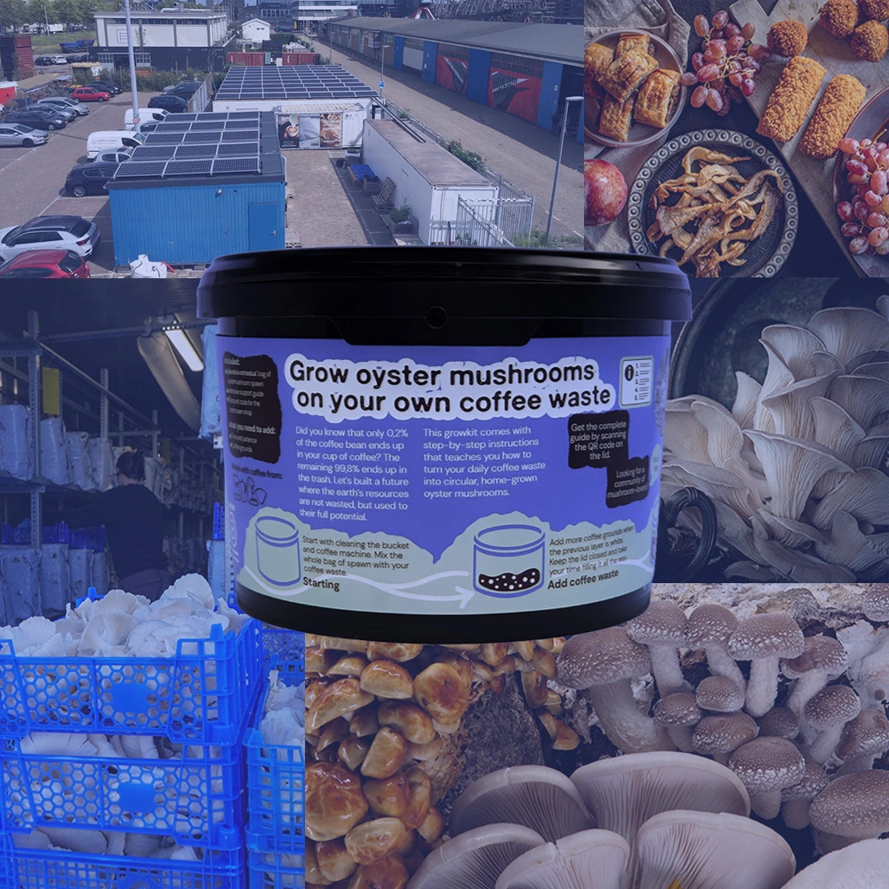 Container labeled 'Grow oyster mushrooms on your own coffee waste' surrounded by images of mushrooms and coffee waste.