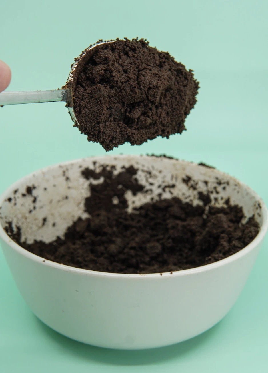 Spoon scooping dark coffee grounds from a white bowl on a mint green background.