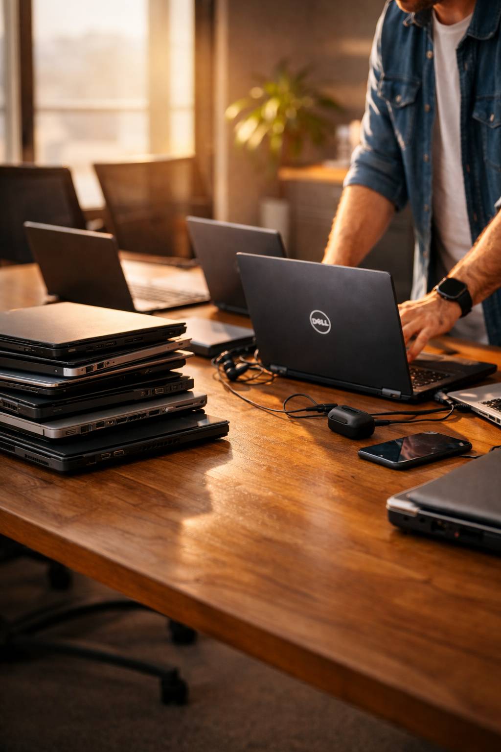 Person using a Dell laptop at a wooden table with a stack of closed laptops and various electronic devices nearby.