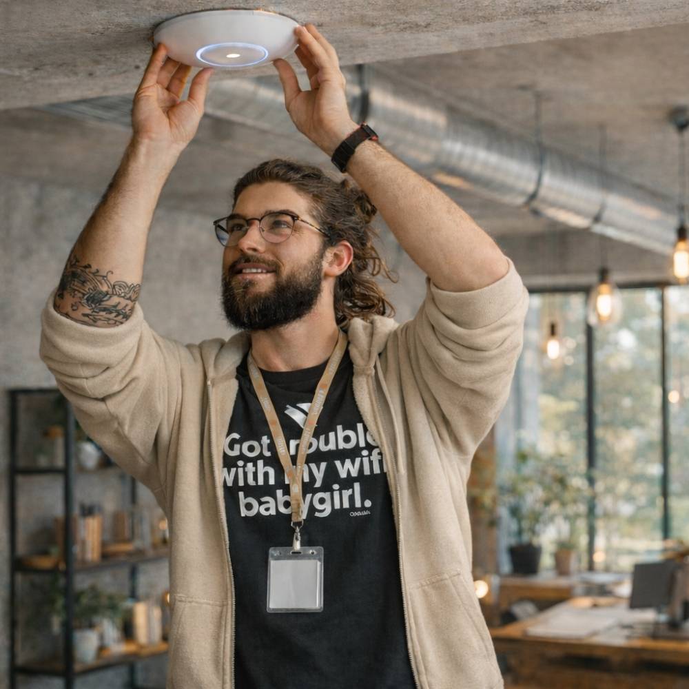 Man with glasses and beard installing a circular ceiling Wi-Fi device in a modern office space.