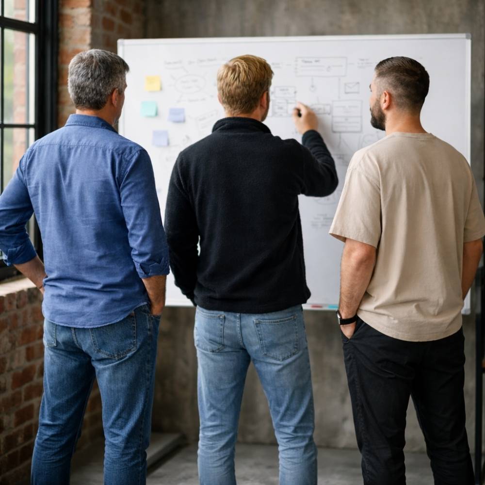 Three men standing and looking at a whiteboard with diagrams and sticky notes during a discussion.