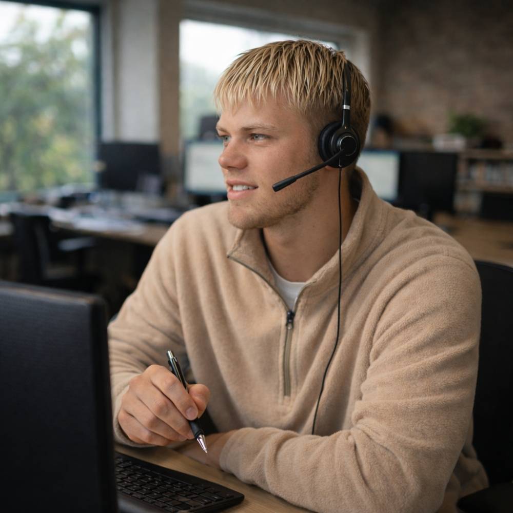 Young man wearing headset and holding pen, sitting at desk with laptop in office.