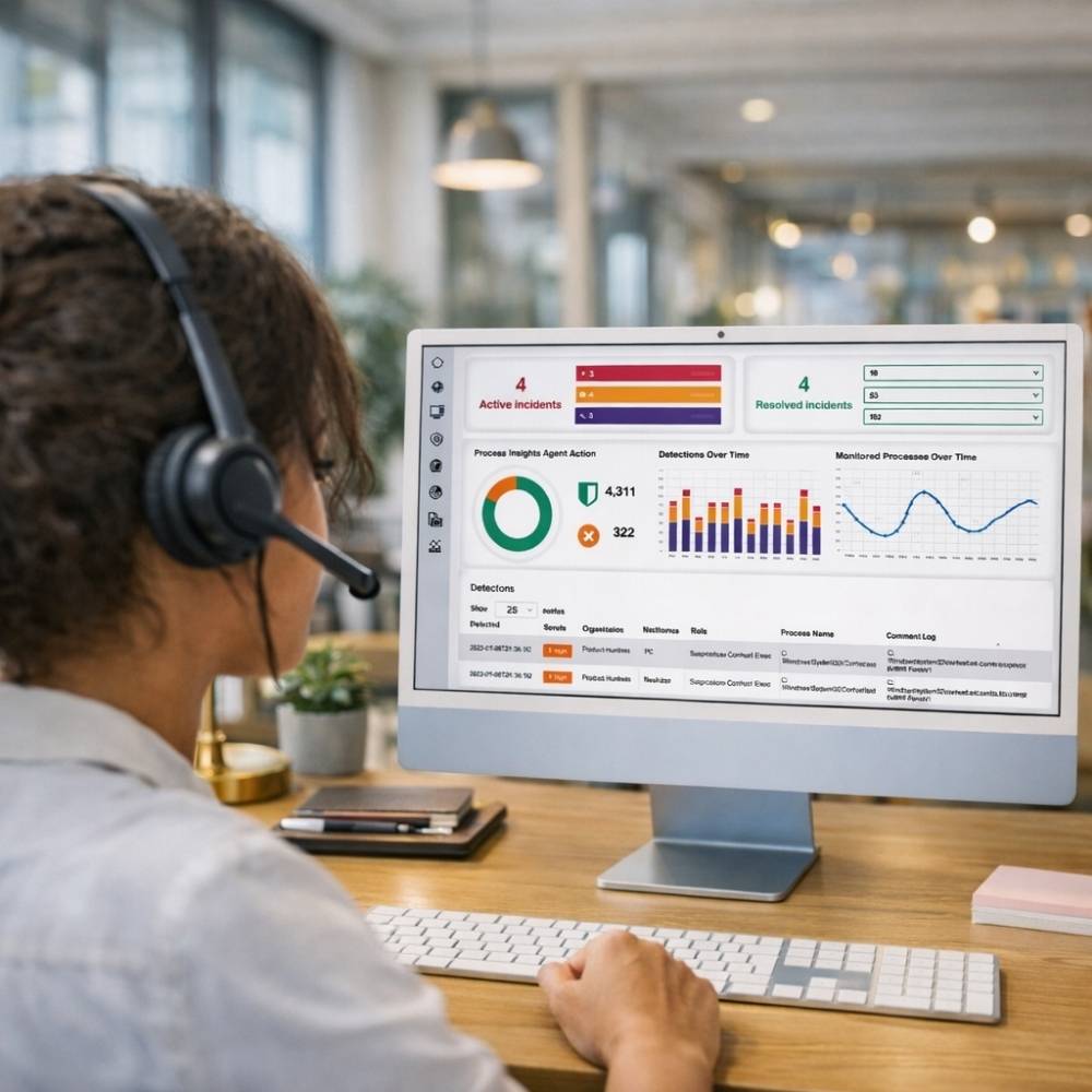 Person wearing headset monitoring cybersecurity dashboard with charts and incident data on a computer screen.