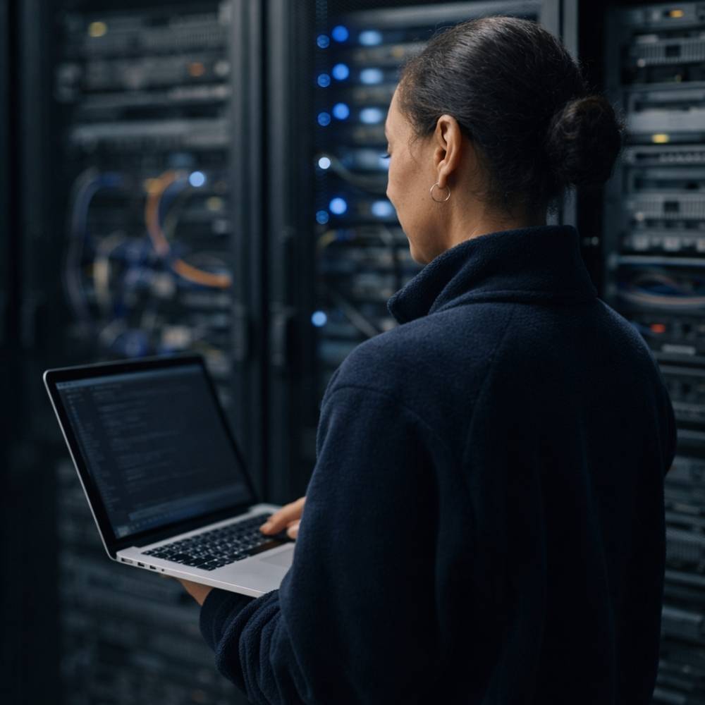 IT professional working on a laptop in a data center surrounded by server racks with connected network cables.