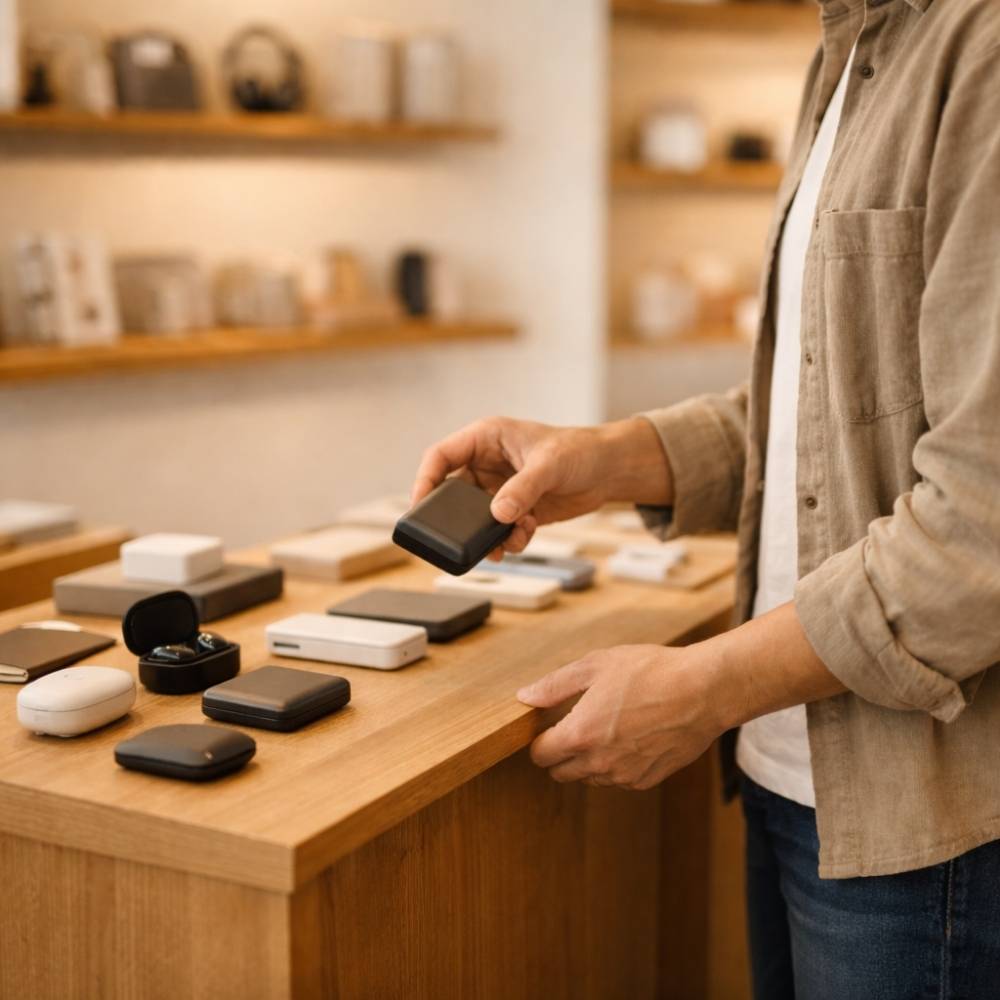 Person holding a black wireless earbud case over a wooden counter displaying multiple earbud cases.