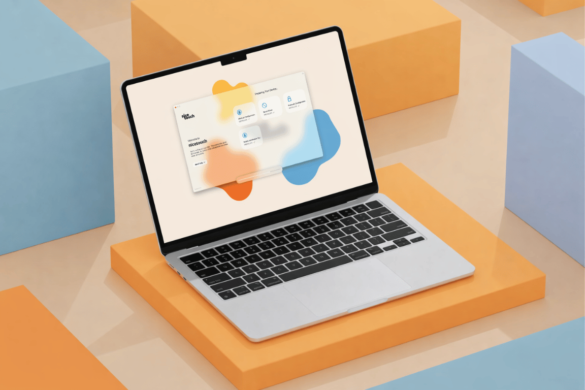 Silver laptop on an orange platform with the nicetouch new device setup screen displayed