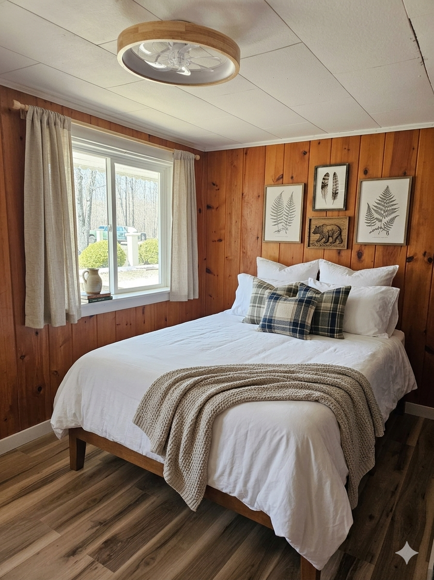 Cozy bedroom with wooden walls, white bed, plaid pillows, knit throw, and four framed nature prints.