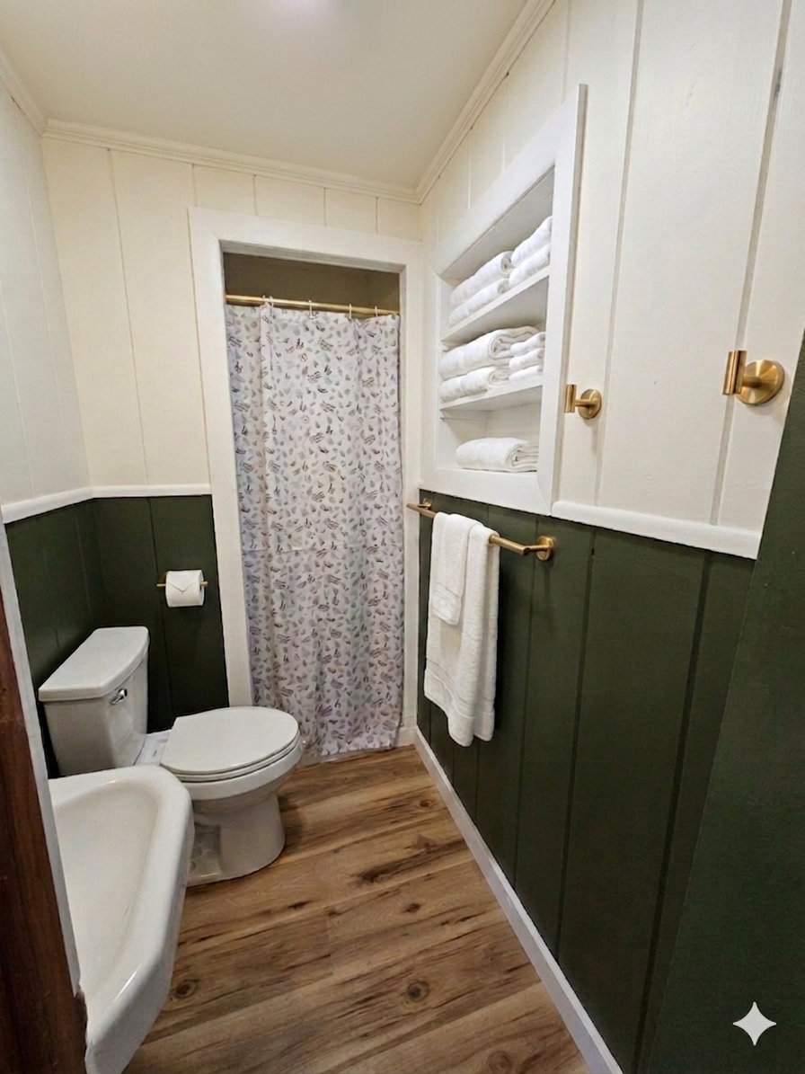 Small bathroom with wood floor, green and white walls, white toilet, sink, towel rack, and floral shower curtain.