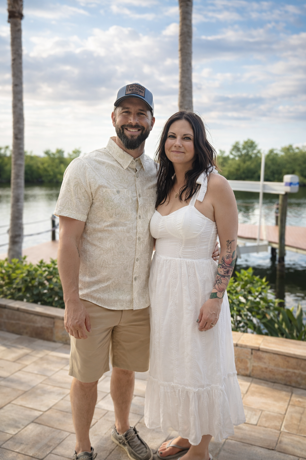Couple standing outdoors near waterfront with palm trees, the man in a cap and beige shorts, woman in white dress.