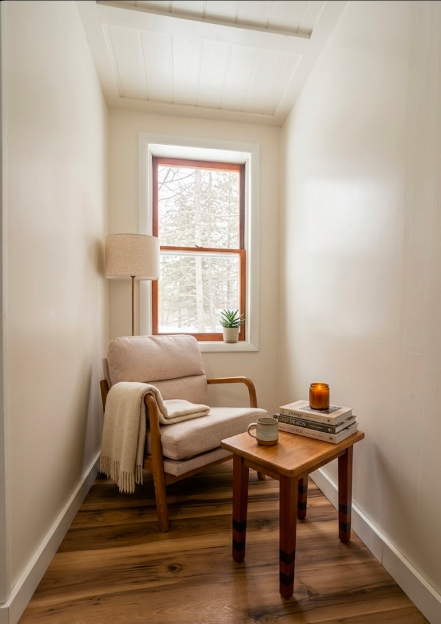 Cozy corner with beige armchair, wooden side table holding books, candle, and mug by a window.