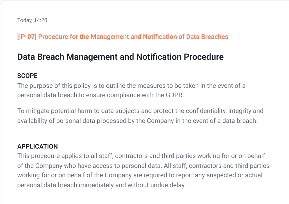 Screenshot of the platform with a document explaining a procedure