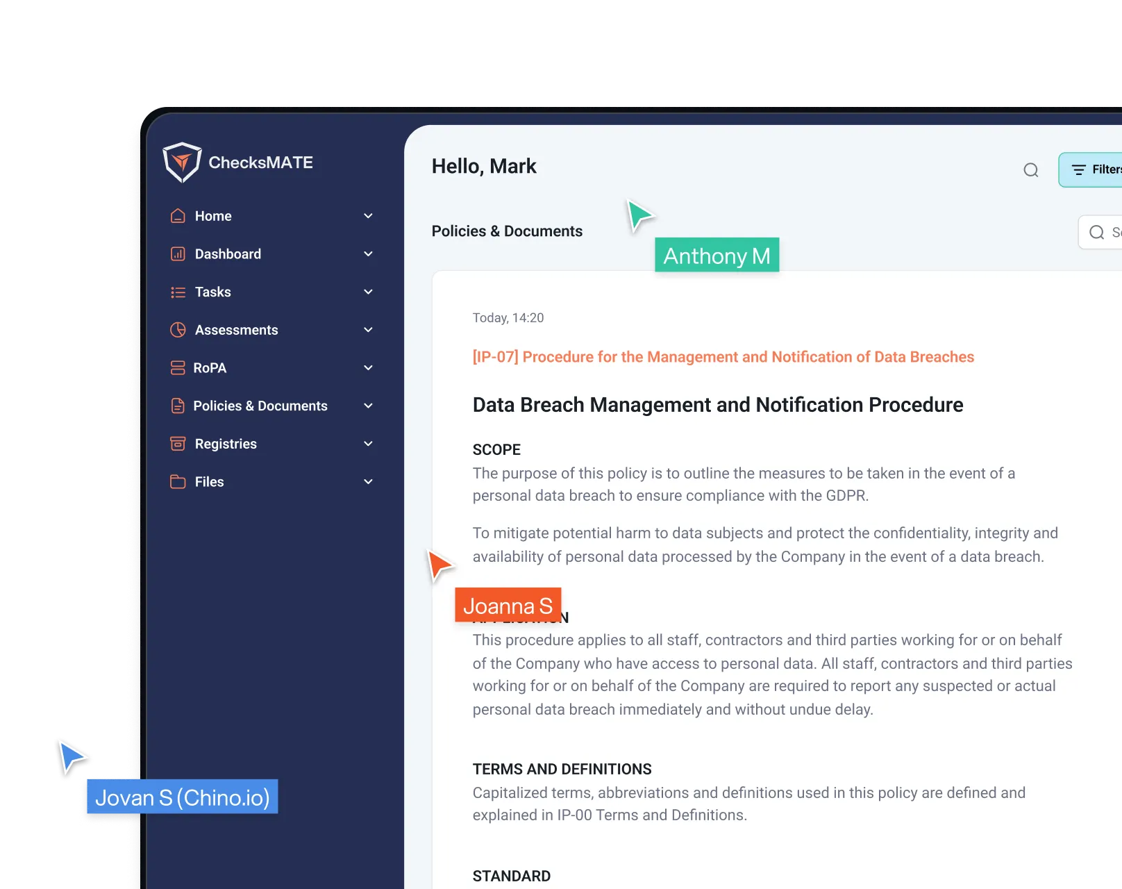 ChecksMATE screenshot with policies and cursors moving