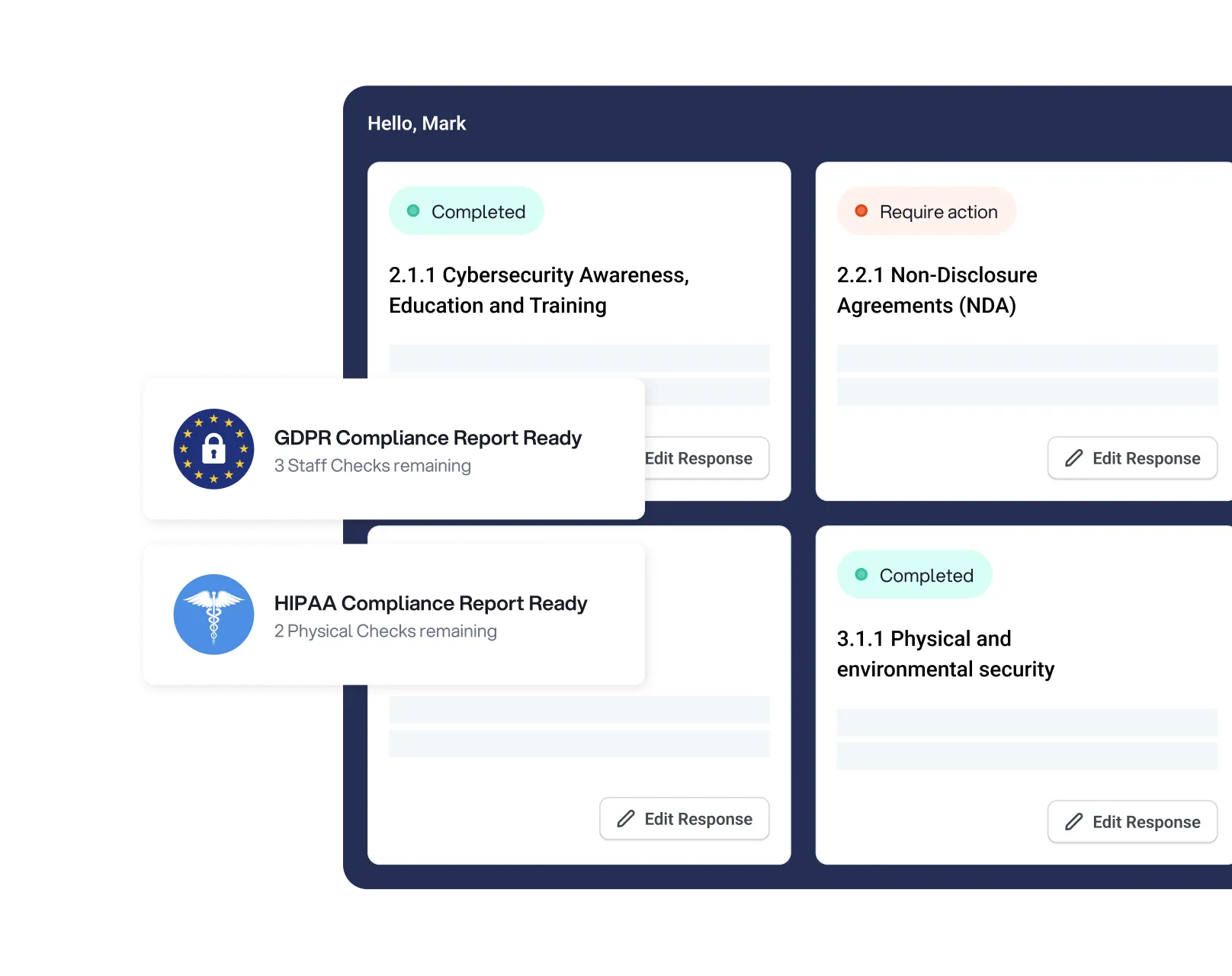 Tabs from a chat inside ChecksMATE showing the GDPR and HIPAA compliance stamps