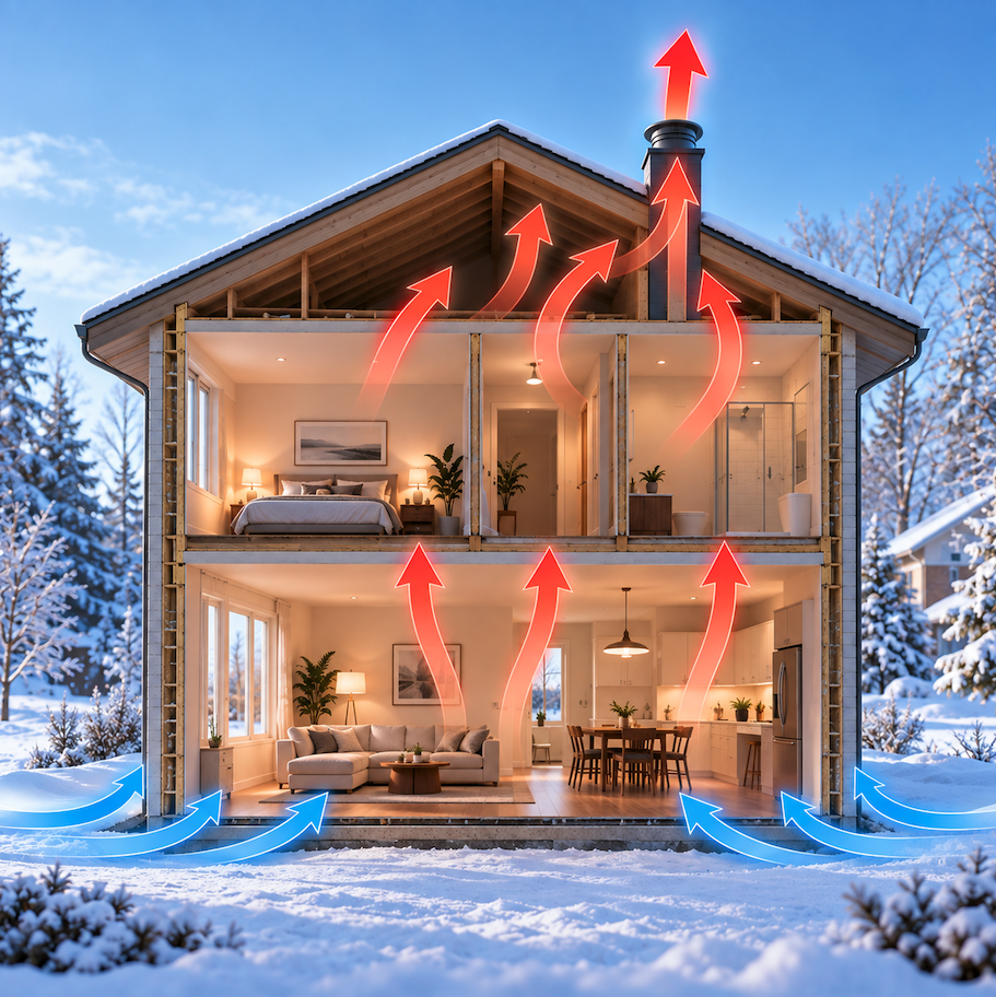 Air chaud qui monte et air froid qui entre par le bas d'une maison