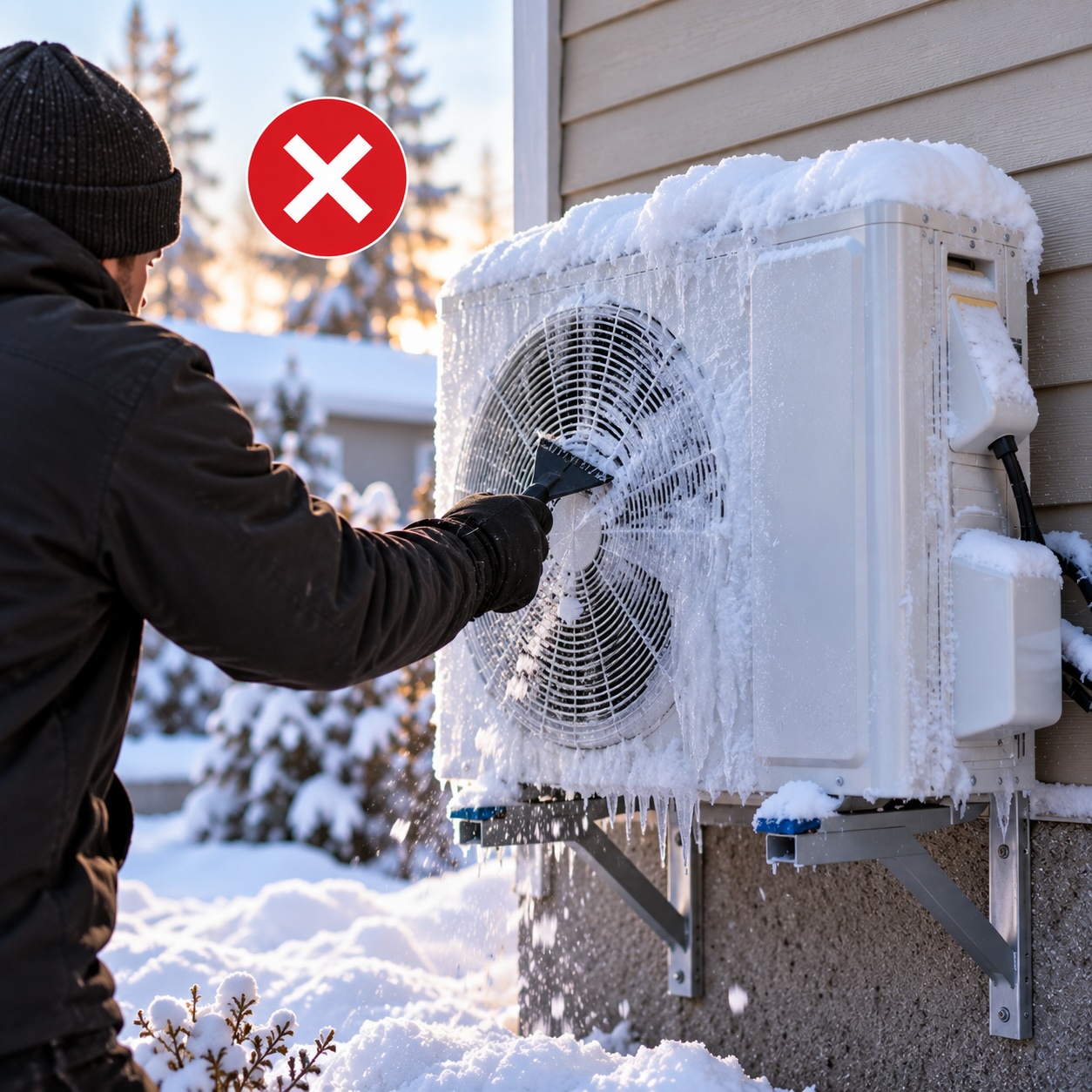 Givre et glace sur une thermopompe extérieure en hiver
