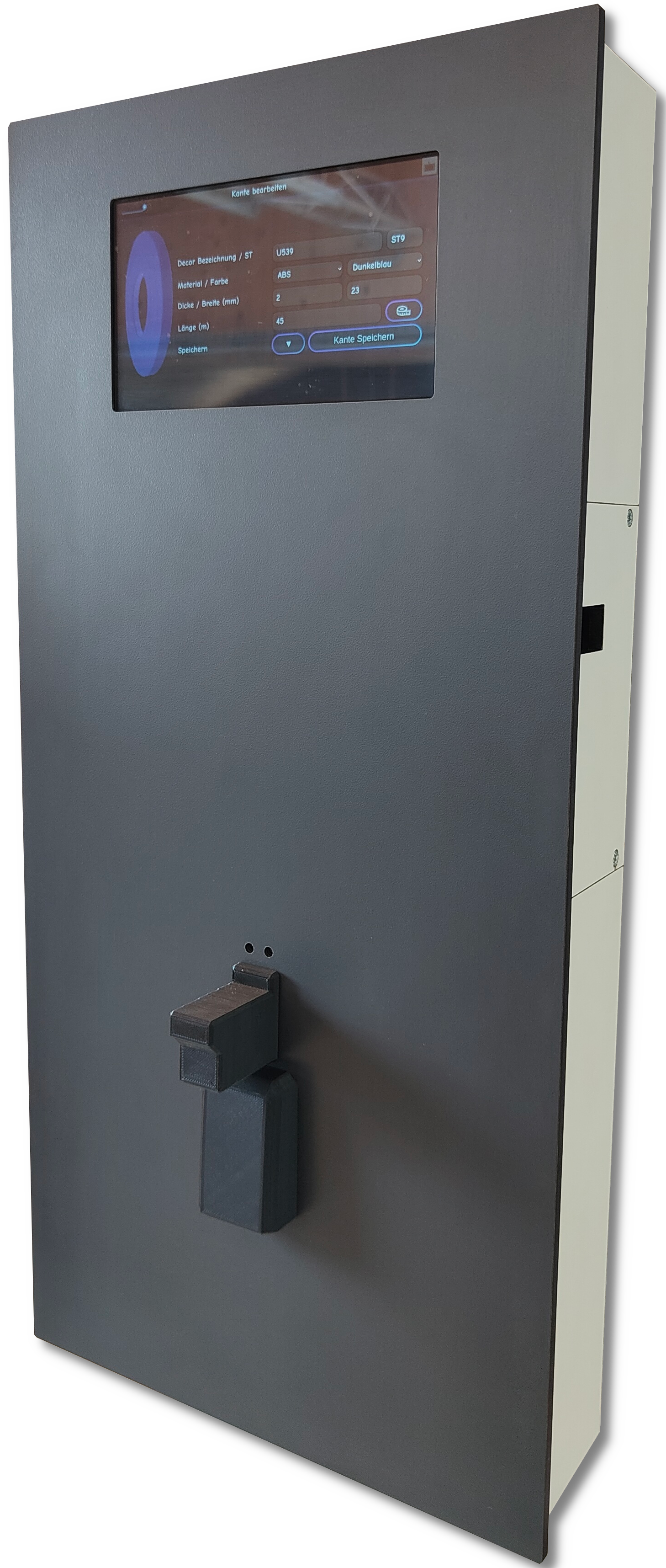 Black rectangular panel with a small touchscreen displaying technical settings in German and a protruding box-like attachment below the screen.