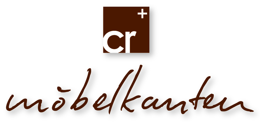 Logo with a dark brown square containing white letters 'cr' and a plus sign, above the cursive word 'möbelkarten'.