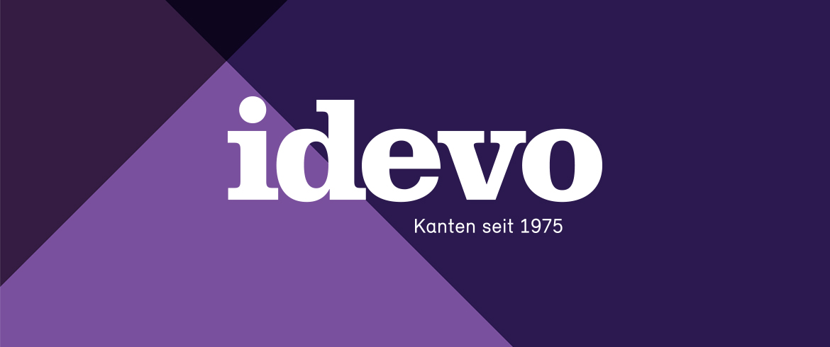 Logo with the word 'idevo' in bold white letters and the text 'Kanten seit 1975' under it on a background with purple geometric shapes.
