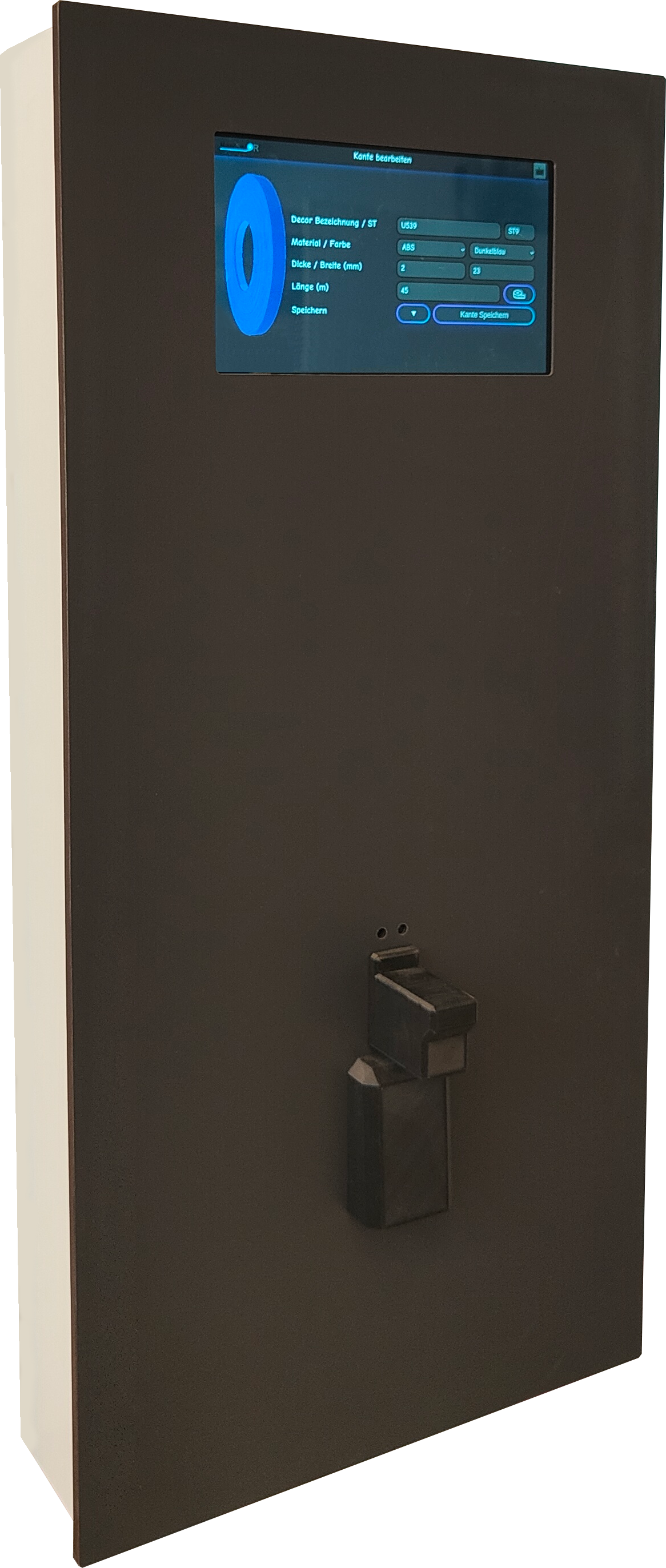 Tall, rectangular black control panel with a digital touchscreen displaying blue graphics and German text, and a small protruding device below the screen.