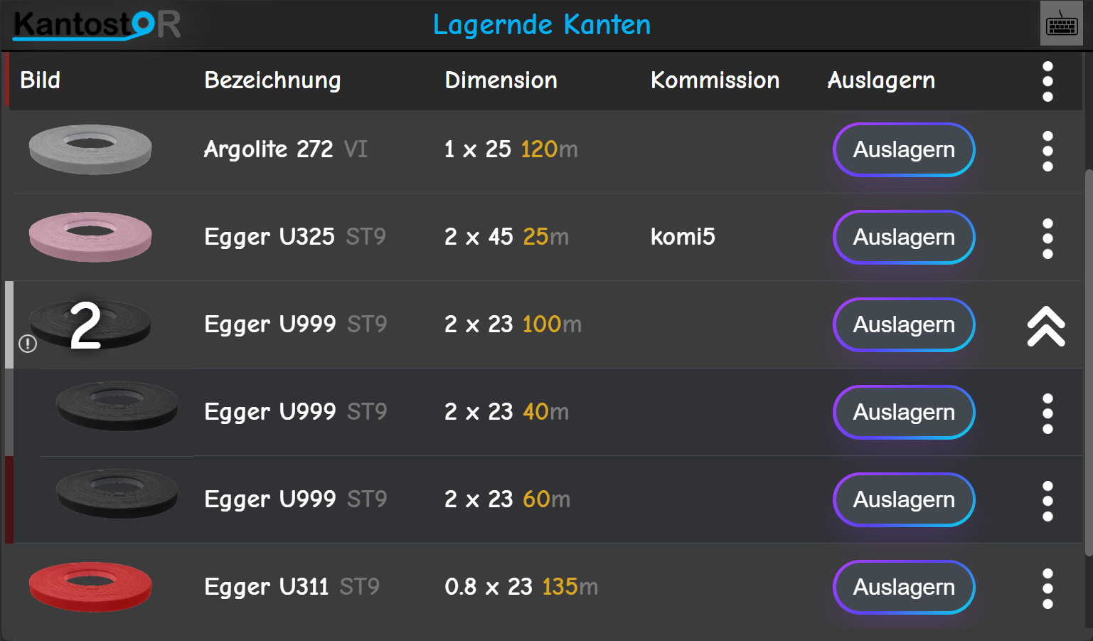 Inventory list of edge banding rolls with images, descriptions, dimensions, commissions, and 'Auslagern' buttons in a dark interface.