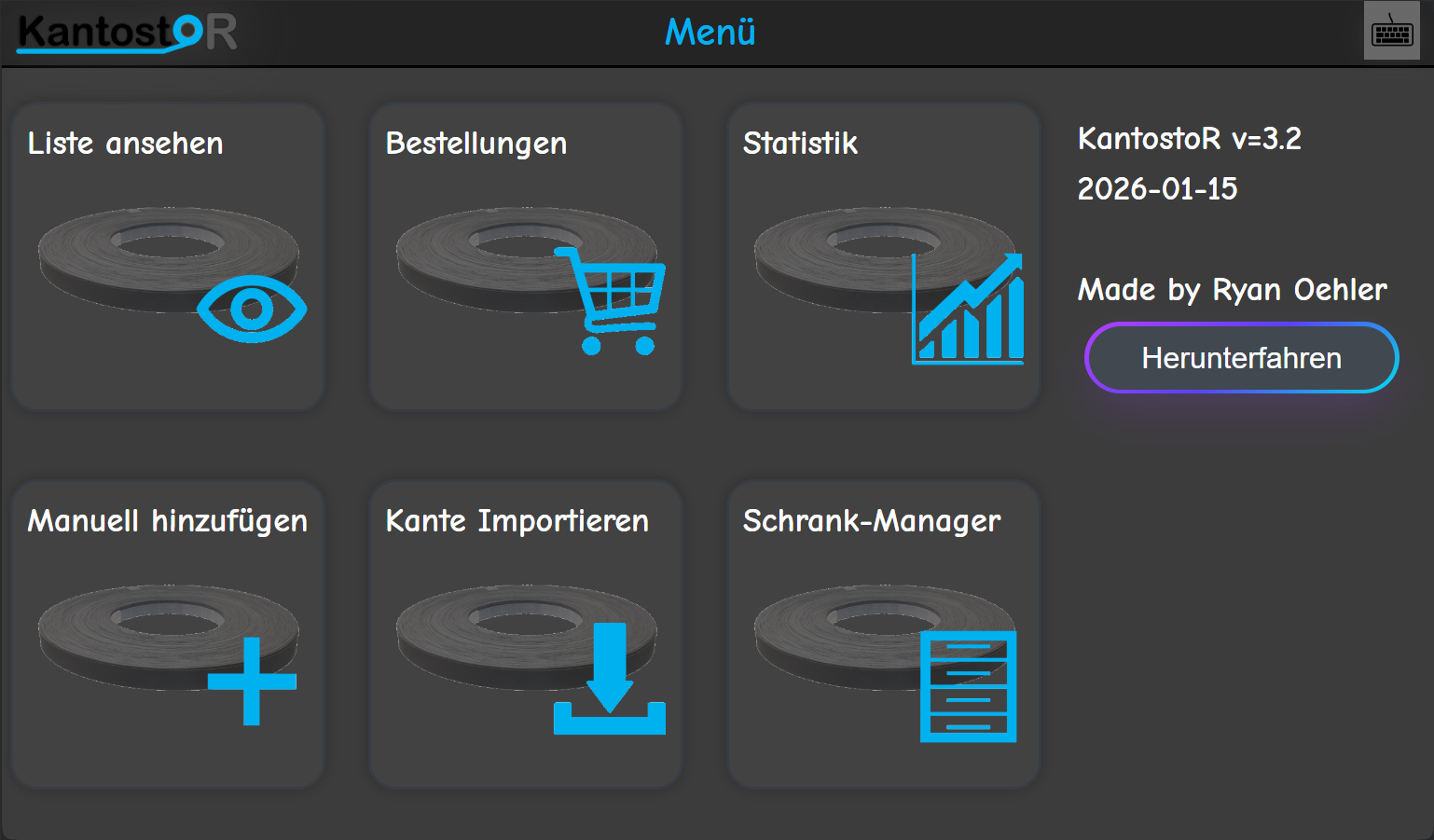 Menu screen with six options: View List with eye icon, Orders with shopping cart icon, Statistics with graph icon, Add Manually with plus icon, Import Edge with download arrow icon, and Cabinet Manager with drawer icon, plus version info and download button.