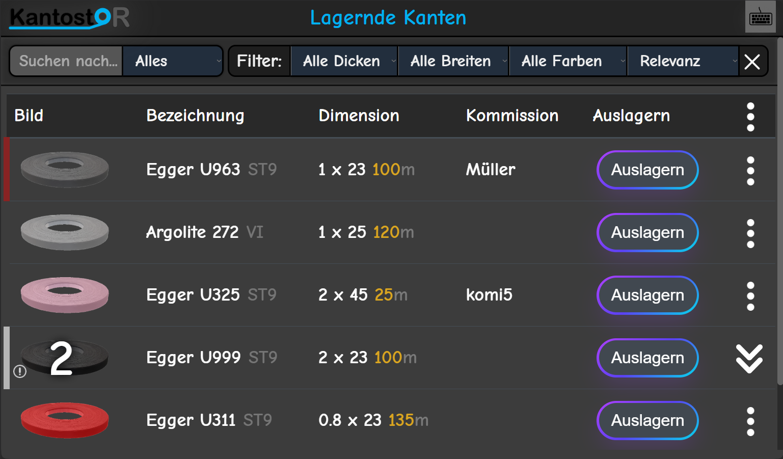 Inventory management interface listing edge band rolls with columns for image, designation, dimension, commission, and an 'Auslagern' button for each item.