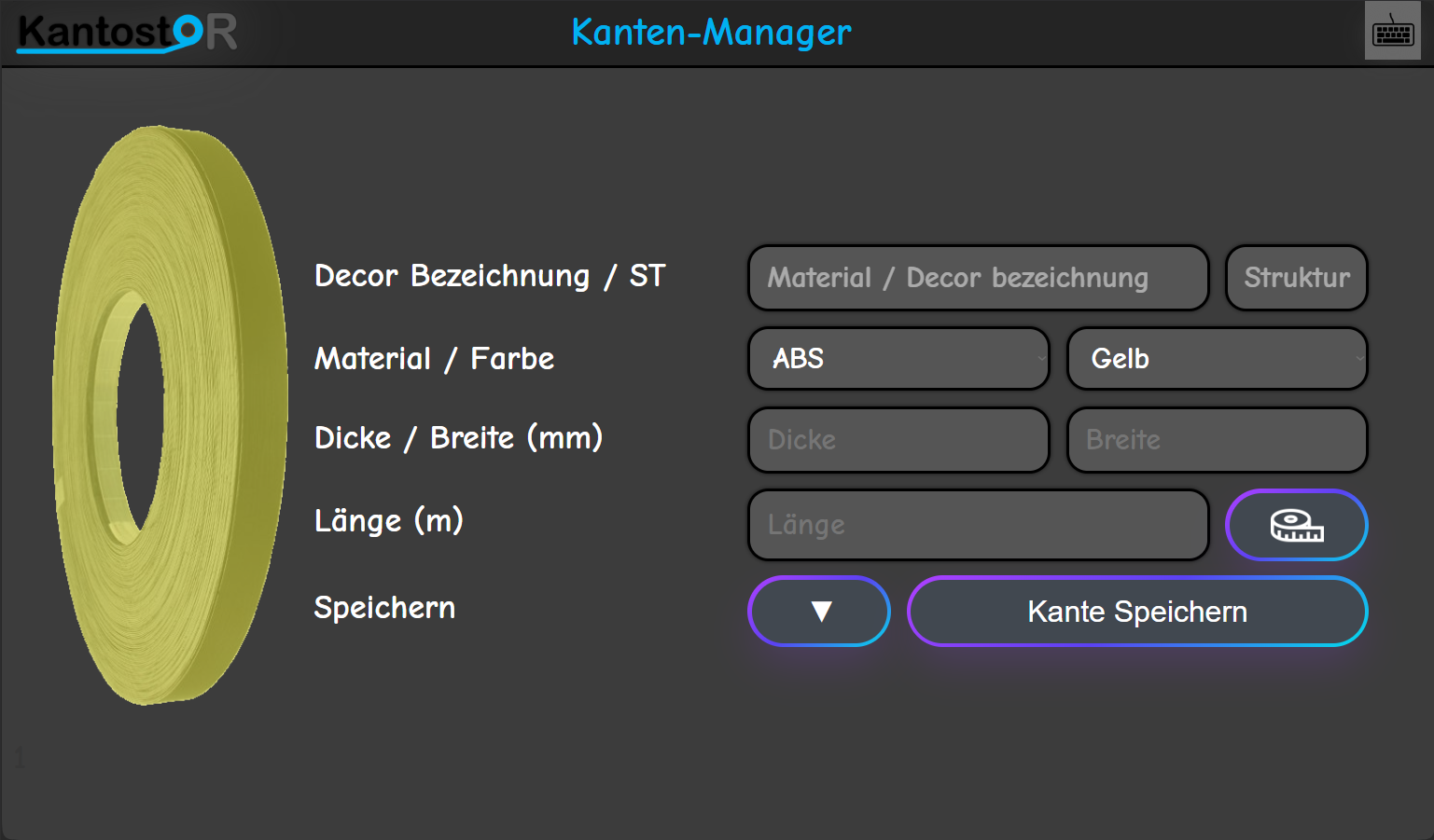 User interface of Kanten-Manager showing yellow ABS material tape with input fields for decor, color, thickness, width, and length, and buttons for saving the edge.
