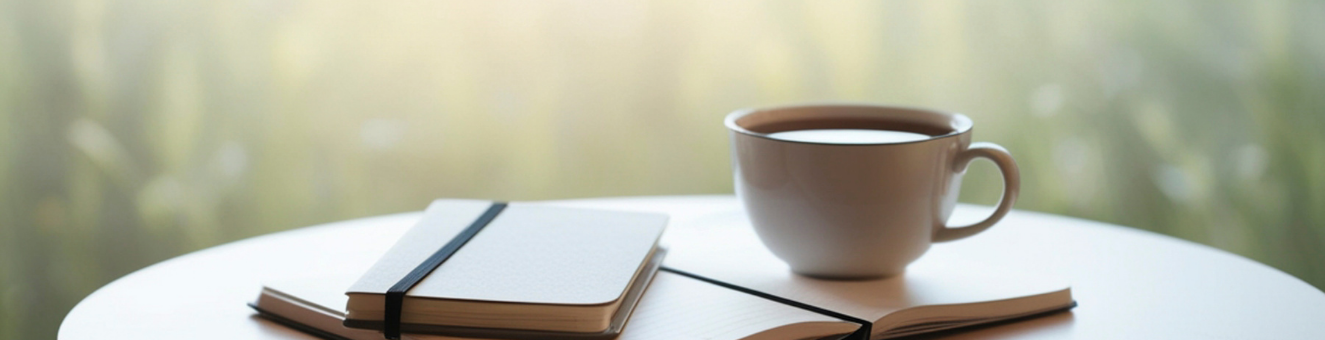 image qui représente une tasse de thé et un agenda devant la nature pour un coté apaisant