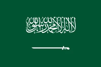 Flag of Saudi Arabia with white Arabic inscription above a horizontal white sword on a green background.