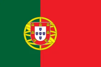 Flag of Portugal with vertical green and red stripes and a complex coat of arms centered on the boundary.