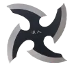 Metal black shuriken with four curved blades arranged symmetrically.