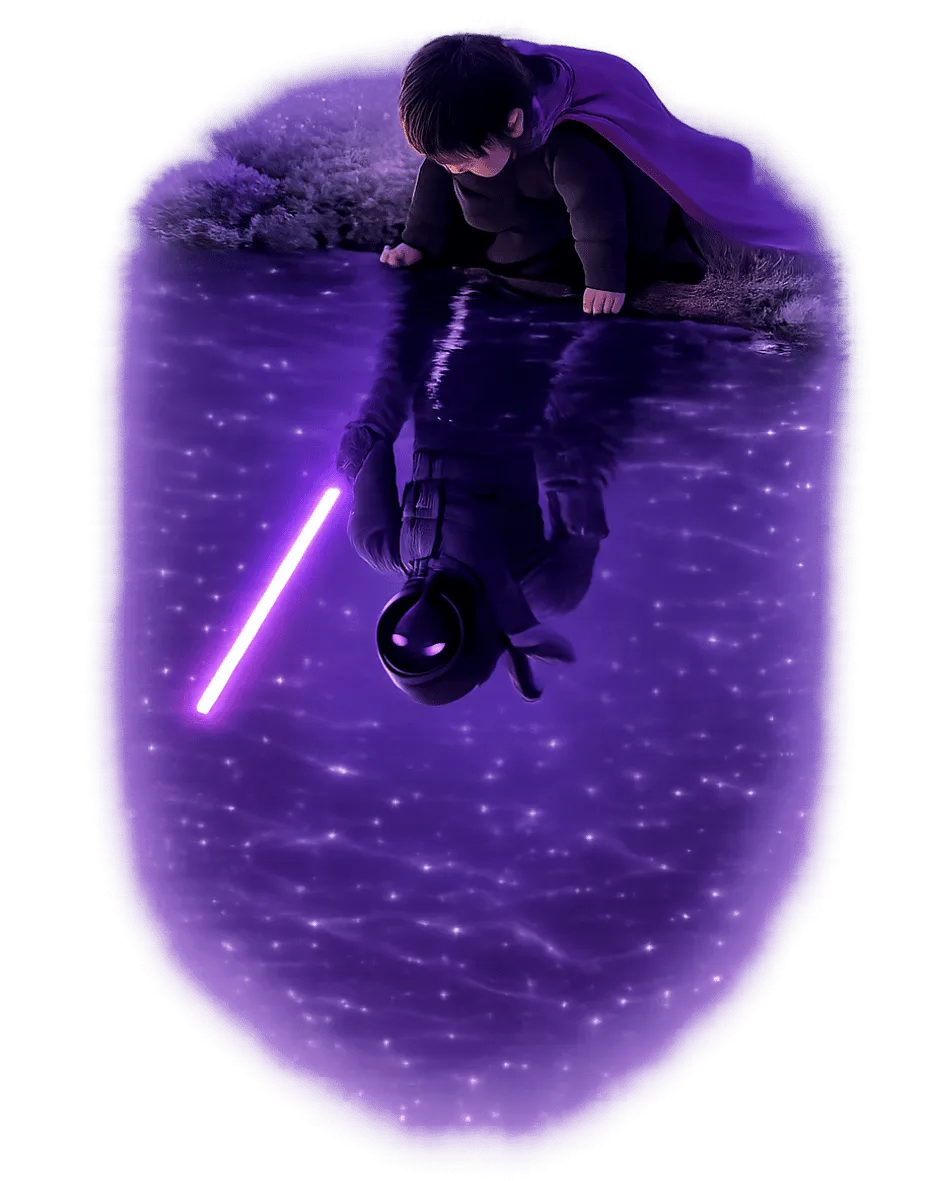 A child in a purple cape looks into water, seeing the reflection of a dark figure holding a glowing purple lightsaber.