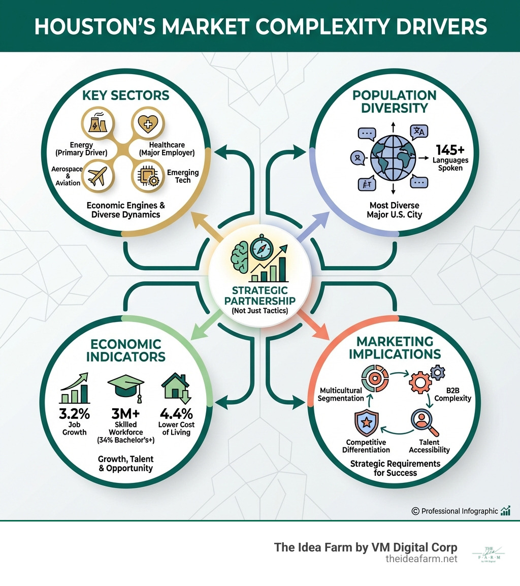 Infographic showing Houston's market complexity drivers: Key sectors including Energy (primary economic driver), Healthcare (major employer), Aerospace & Aviation, and Emerging Tech; Population diversity at 145+ languages spoken, representing the most diverse major U.S. city; Economic indicators showing 3.2% job growth, 3M+ skilled workforce, 34% with bachelor's degree or higher, and 4.4% lower cost of living than national average; Marketing implications including multicultural audience segmentation requirements, B2B complexity across industrial sectors, talent accessibility for agency teams, and competitive intensity requiring strategic differentiation - advertising agencies in houston infographic Infographic showing Houston's market complexity drivers: Key sectors including Energy (primary economic driver), Healthcare (major employer), Aerospace & Aviation, and Emerging Tech; Population diversity at 145+ languages spoken, representing the most diverse major U.S. city; Economic indicators showing 3.2% job growth, 3M+ skilled workforce, 34% with bachelor's degree or higher, and 4.4% lower cost of living than national average; Marketing implications including multicultural audience segmentation requirements, B2B complexity across industrial sectors, talent accessibility for agency teams, and competitive intensity requiring strategic differentiation - advertising agencies in houston infographic