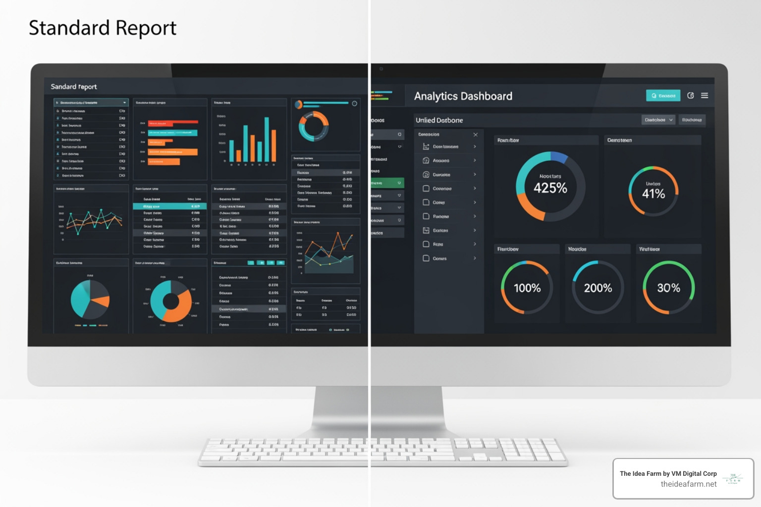 Image comparing a cluttered standard report with many disconnected charts to a clean, custom dashboard with a unified view of key metrics - custom analytics dashboards