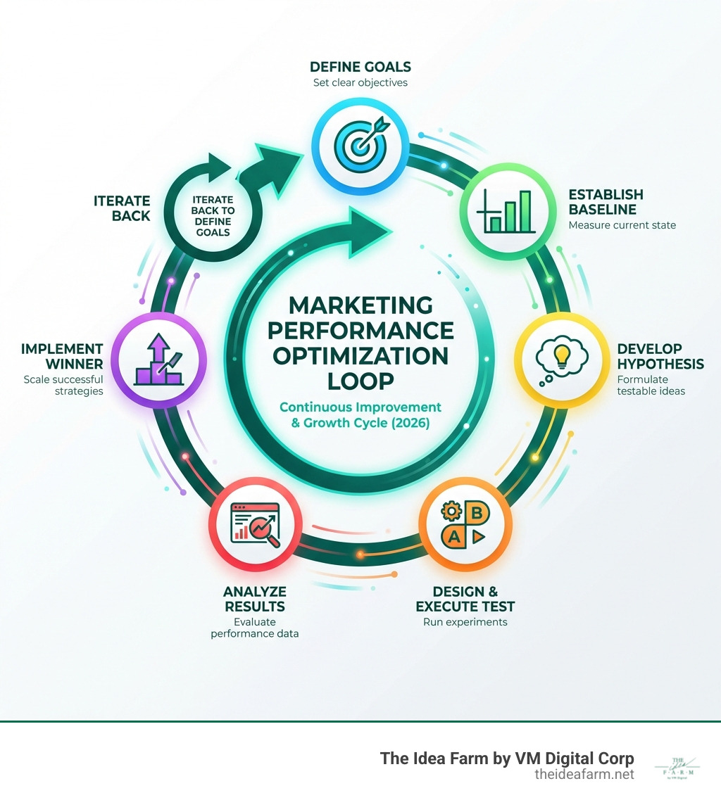infographic showing the continuous optimization loop: define goals, establish baseline, develop hypothesis, design and execute test, analyze results, implement winner and iterate back to define goals - marketing performance optimization infographic 