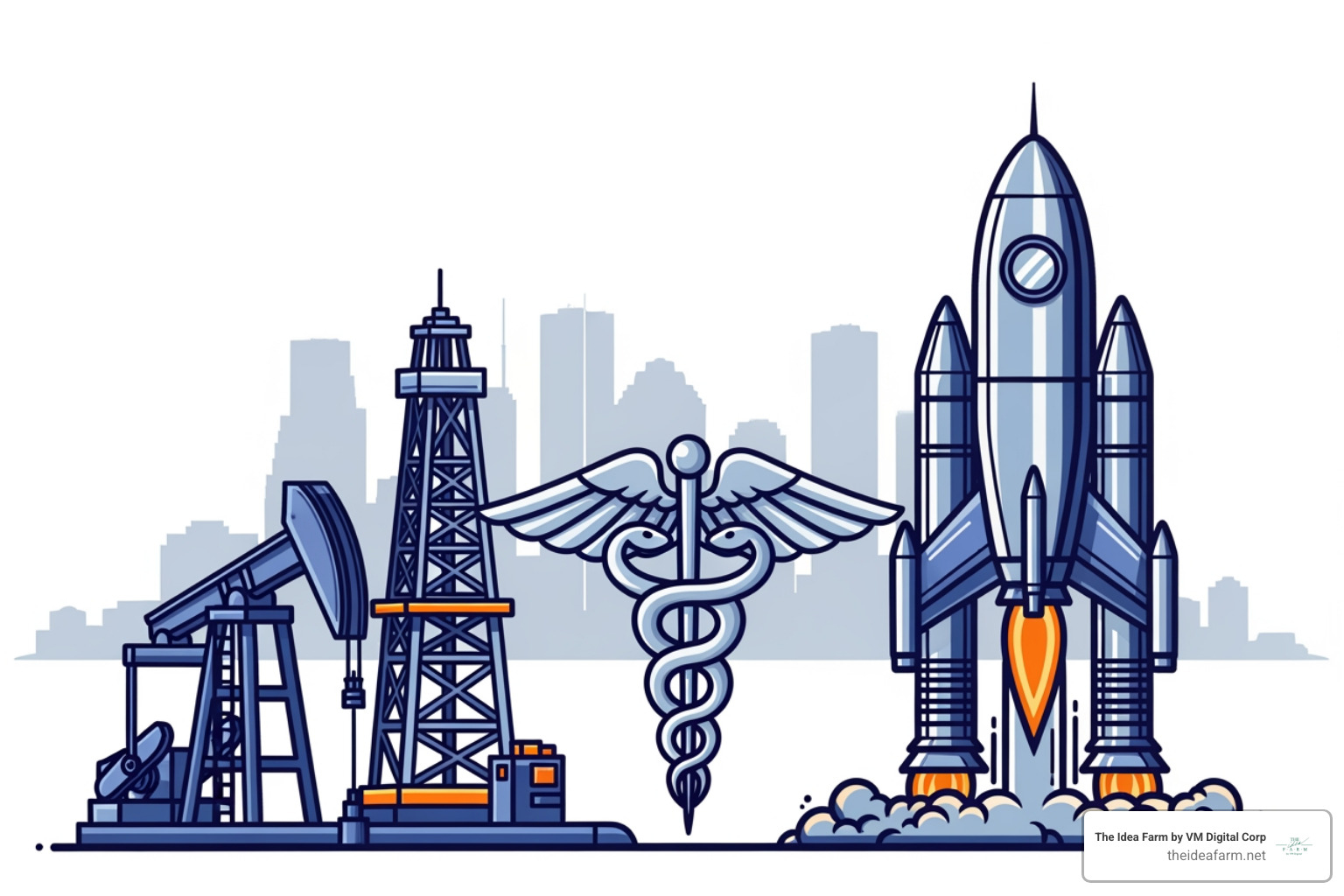 Illustration of Houston's key industries with an oil rig, a medical symbol, and a rocket - Digital marketing services Houston Illustration of Houston's key industries with an oil rig, a medical symbol, and a rocket - Digital marketing services Houston