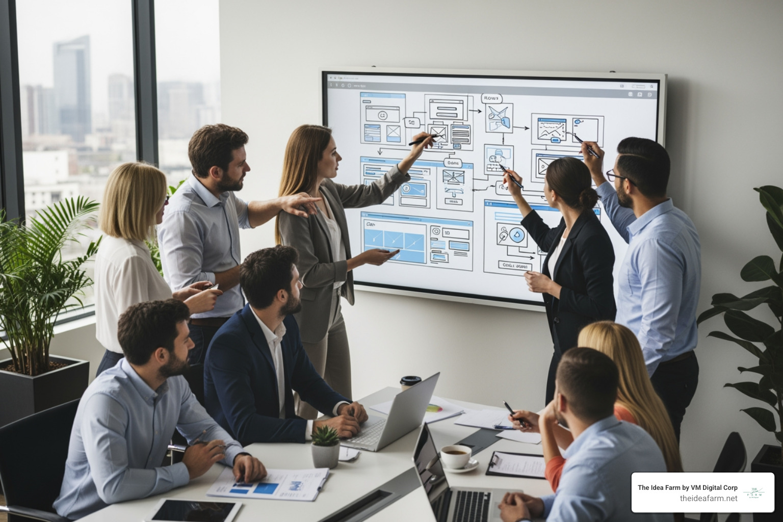 Team collaborating around a whiteboard with website wireframes - ecommerce developer houston