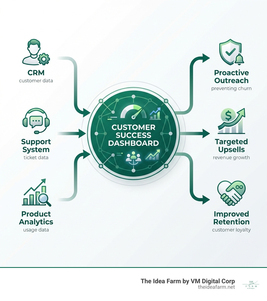 Infographic showing transformation from siloed data sources (CRM labeled "customer data", Support System labeled "ticket data", Product Analytics labeled "usage data") flowing through arrows into a unified Customer Success Dashboard in the center, which then branches out to three outcomes: "Proactive Outreach" (preventing churn), "Targeted Upsells" (revenue growth), and "Improved Retention" (customer loyalty). Each data source and outcome is represented by a distinct icon with clear labels. - customer success dashboard infographic Infographic showing transformation from siloed data sources (CRM labeled "customer data", Support System labeled "ticket data", Product Analytics labeled "usage data") flowing through arrows into a unified Customer Success Dashboard in the center, which then branches out to three outcomes: "Proactive Outreach" (preventing churn), "Targeted Upsells" (revenue growth), and "Improved Retention" (customer loyalty). Each data source and outcome is represented by a distinct icon with clear labels. - customer success dashboard infographic
