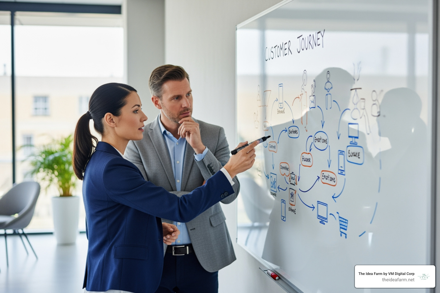 Consultant working with a business leader to map out a customer journey on a whiteboard - marketing automation consulting