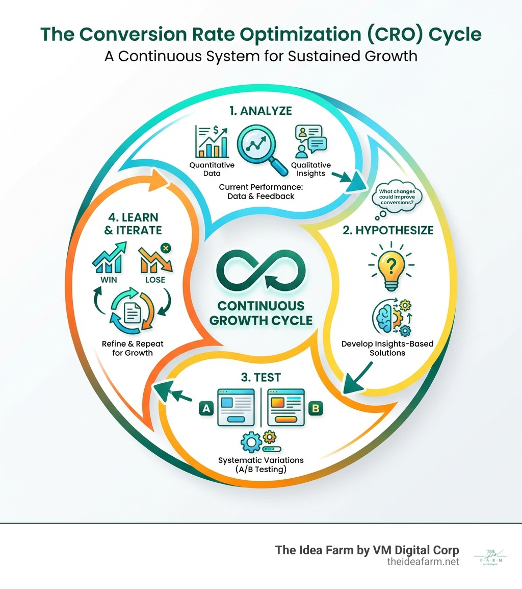 Infographic showing the conversion rate optimization cycle: Step 1 - Analyze current performance using quantitative and qualitative data, Step 2 - Hypothesize what changes could improve conversions based on insights, Step 3 - Test variations systematically through A/B testing, Step 4 - Learn from results whether tests win or lose, then iterate. The cycle repeats continuously for sustained growth. - conversion rate optimization infographic 
