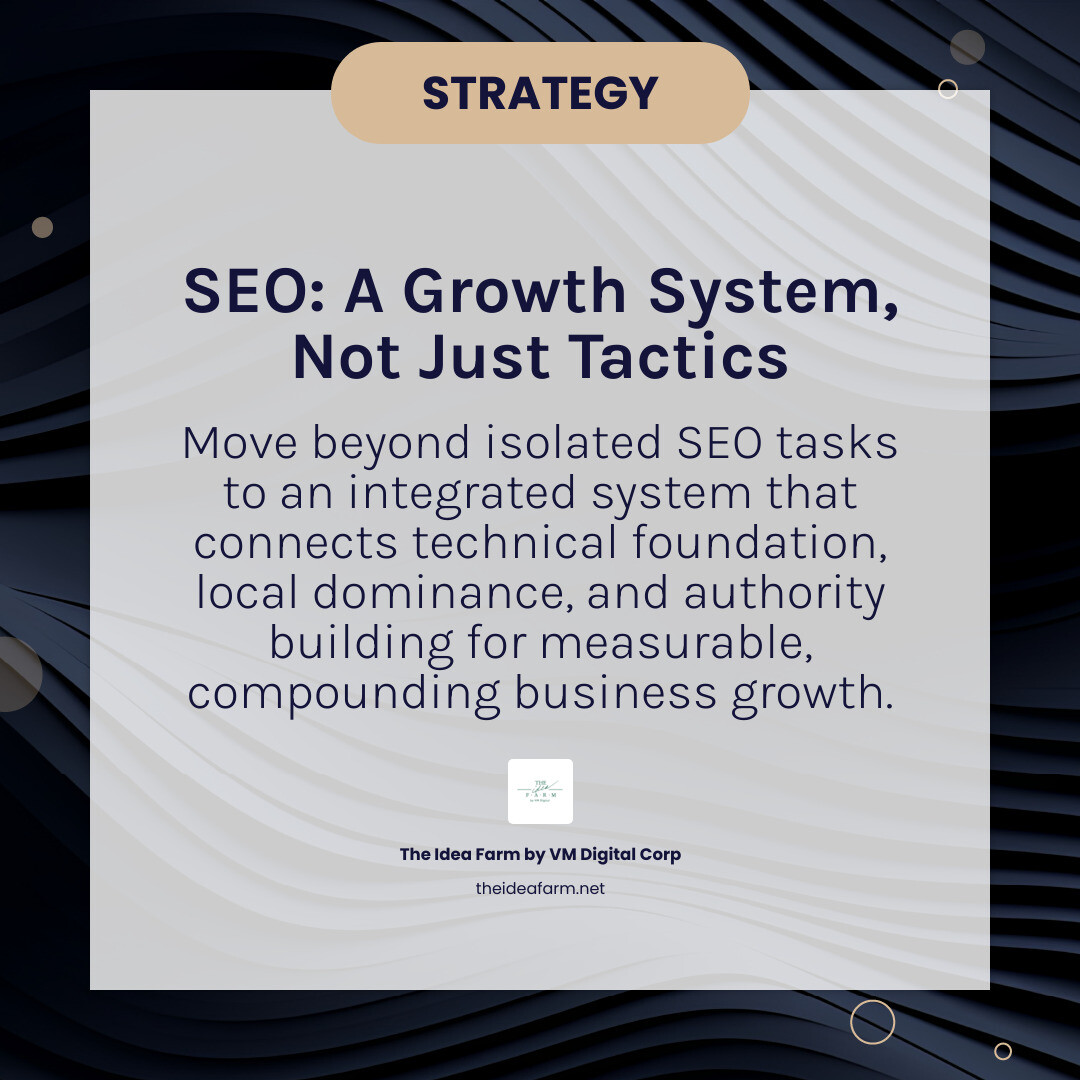Detailed infographic illustrating the complete Houston SEO growth system: Foundation layer (technical SEO, site speed, mobile optimization, UX), Local Dominance layer (Google Business Profile, citations, reviews, geo-targeted content), Authority layer (strategic content, link building, digital PR, thought leadership), all connecting to business outcomes (organic traffic, qualified leads, revenue growth, market expansion) - Houston SEO services infographic simple-info-card-dark